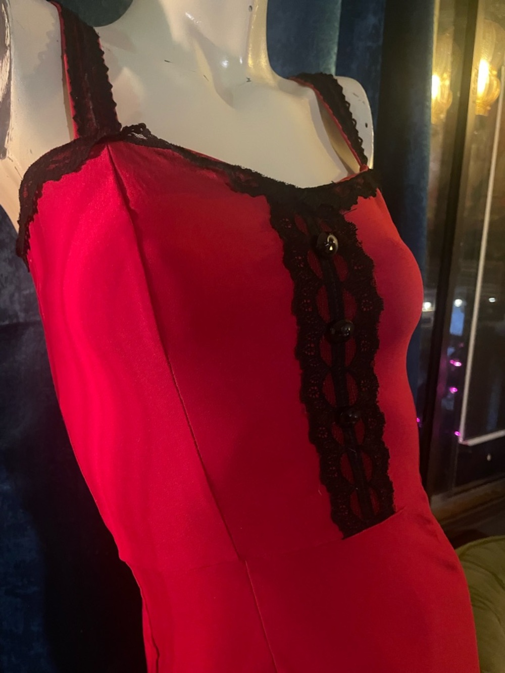 Red SWITCHBLADE STILETTO Midi pencil Dress with Black Lace Trim & flared bottom - Picture 9 of 10